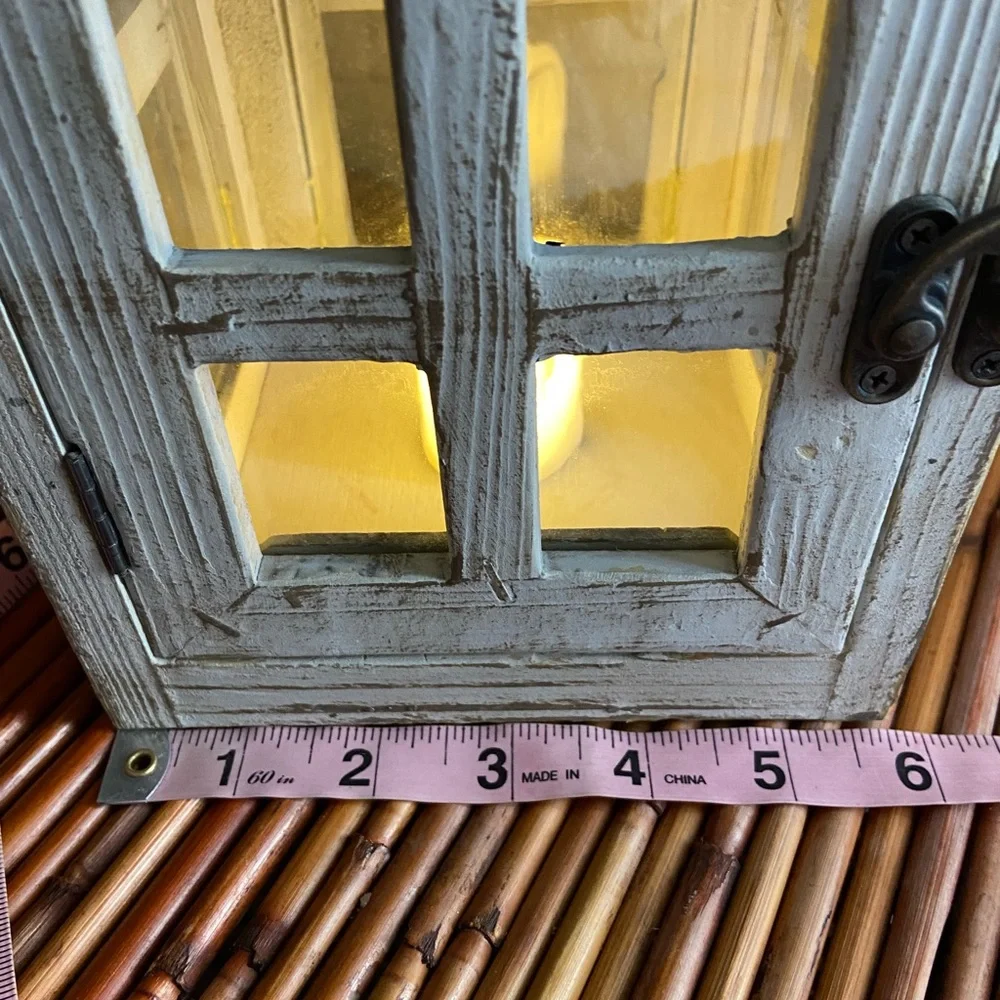 Vintage Wood & Metal & Glass Farmhouse Beach Style Lantern w LED Candle